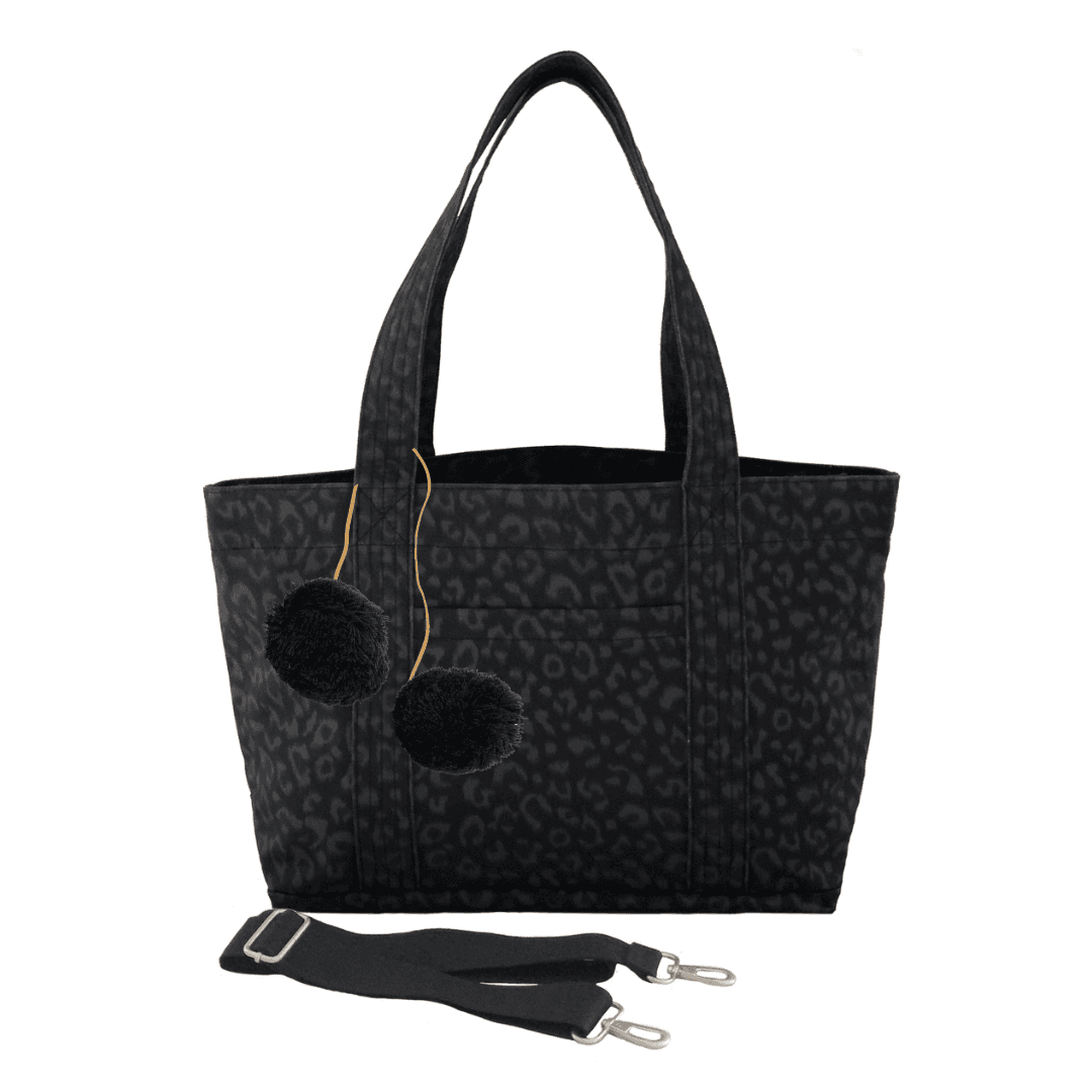 Midi Zipper Tote: Black Leopard Coated Canvas with Black Pom Poms - Quilted Koala