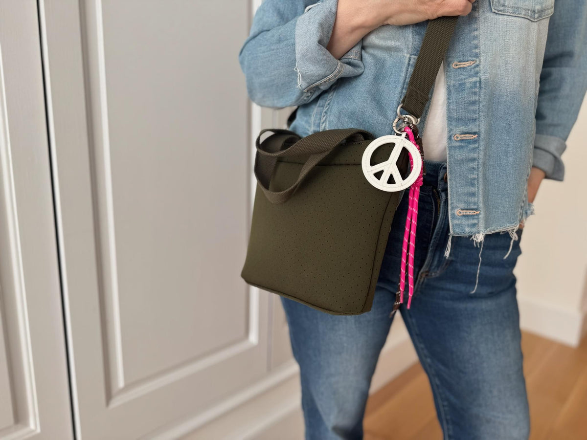 Olive Neoprene Midi Town Bag with Peace Sign Paracord Charm - Quilted Koala