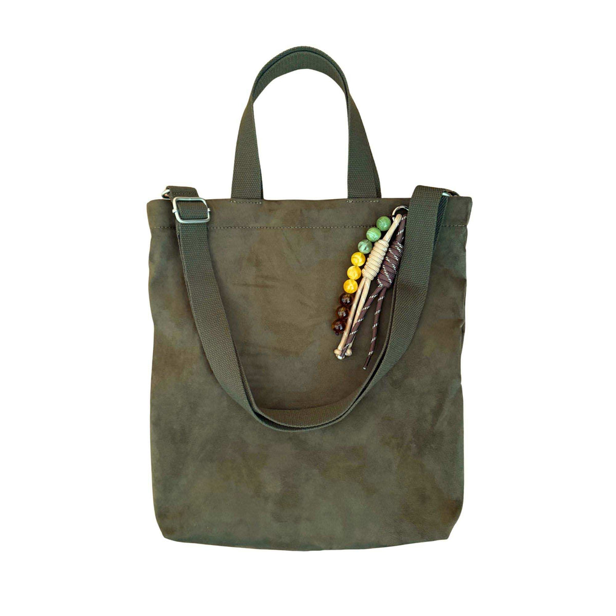 Town Crossbody Bag: Olive Vegan Suede + Beaded Paracord Charm - Quilted Koala