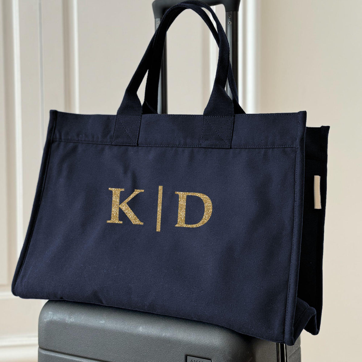 Anywhere Bag - Zip-Top Tote with Trolley Sleeve in Navy SPLIT LETTER MONOGRAM - Quilted Koala