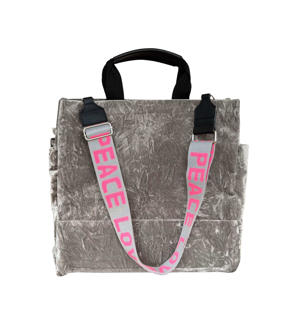 Grey Velvet Luxe North South Bag + FREE Grey & Pink PEACE LOVE Luxe Strap - Quilted Koala