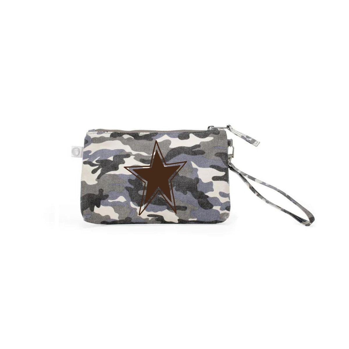 Mini Luxe Clutch Wristlet: Grey Camouflage with Dark Chocolate Star - Quilted Koala
