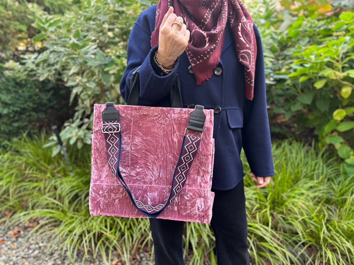Pink Velvet Luxe North South Bag + FREE Wine & Navy Geo Luxe Strap - Quilted Koala