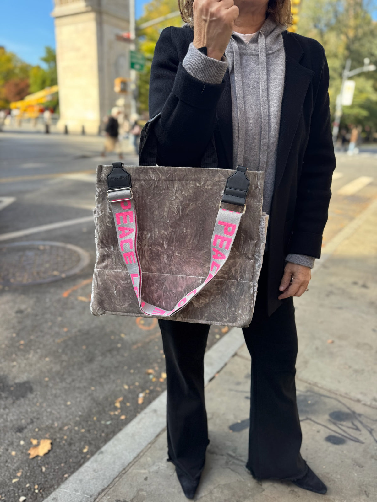 Grey Velvet Luxe North South Bag + FREE Grey & Pink PEACE LOVE Luxe Strap - Quilted Koala