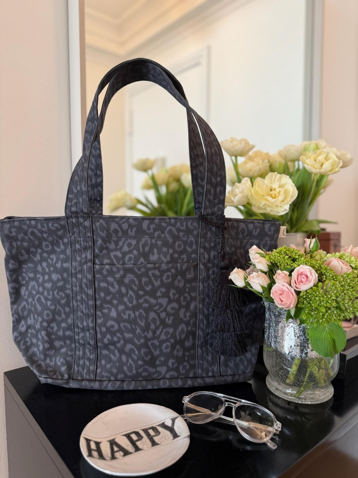 Black Leopard Midi Zipper Tote + FREE Black Tassel - Quilted Koala