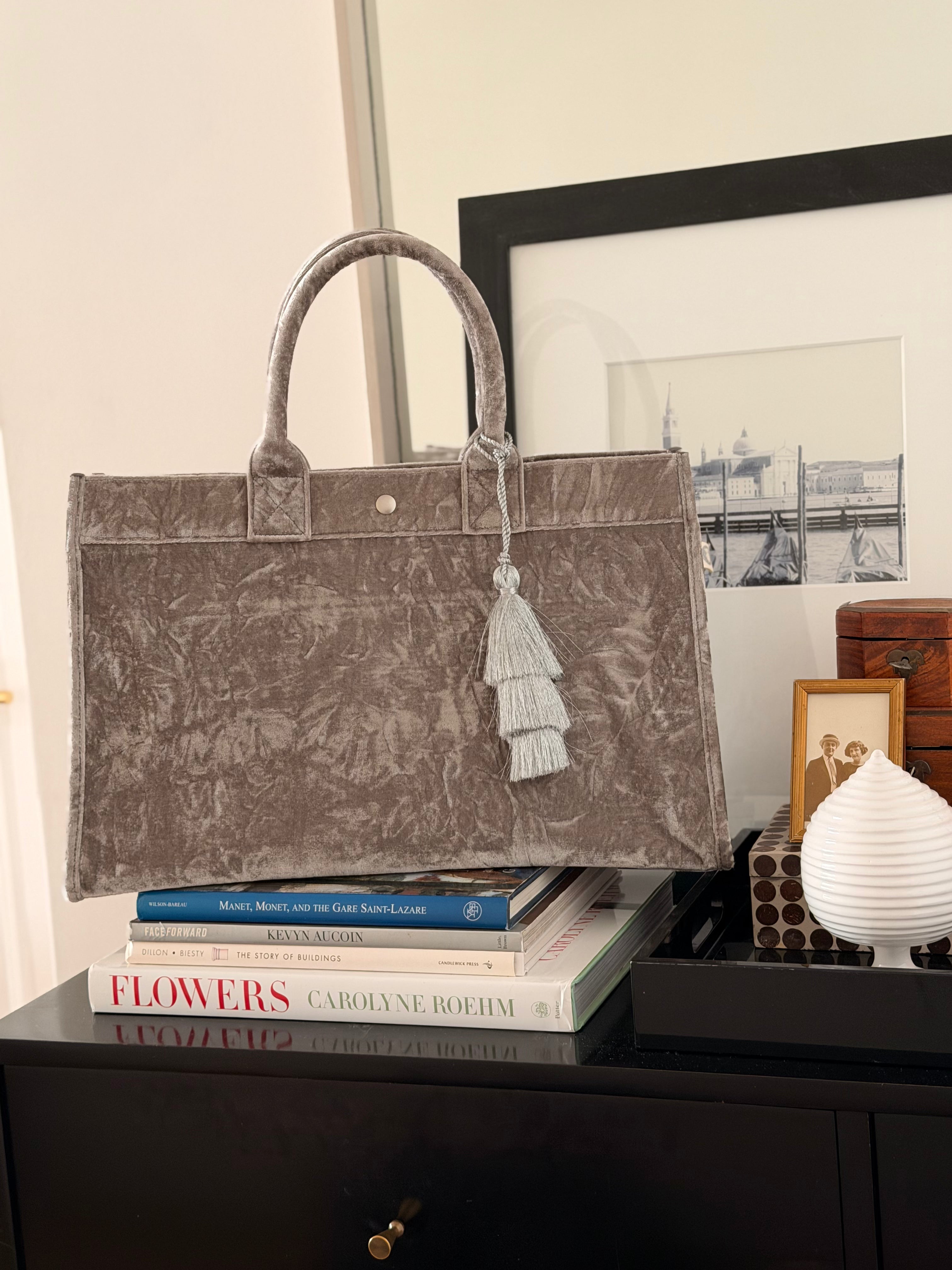 Grey Velvet East West Bag + FREE Silver Tassel - Quilted Koala