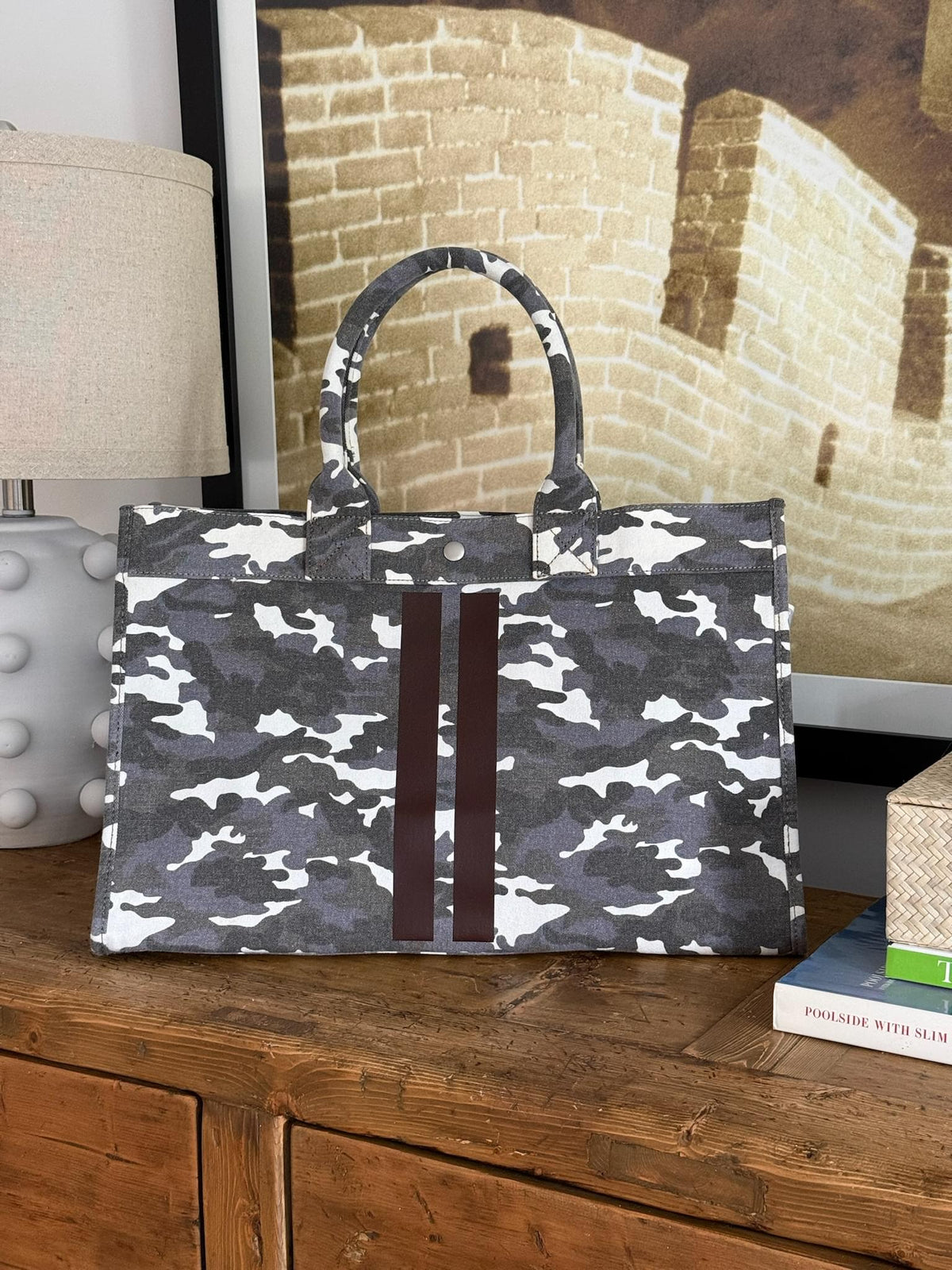 East West Bag: Grey Camo with Chocolate Brown Double Stripe - Quilted Koala