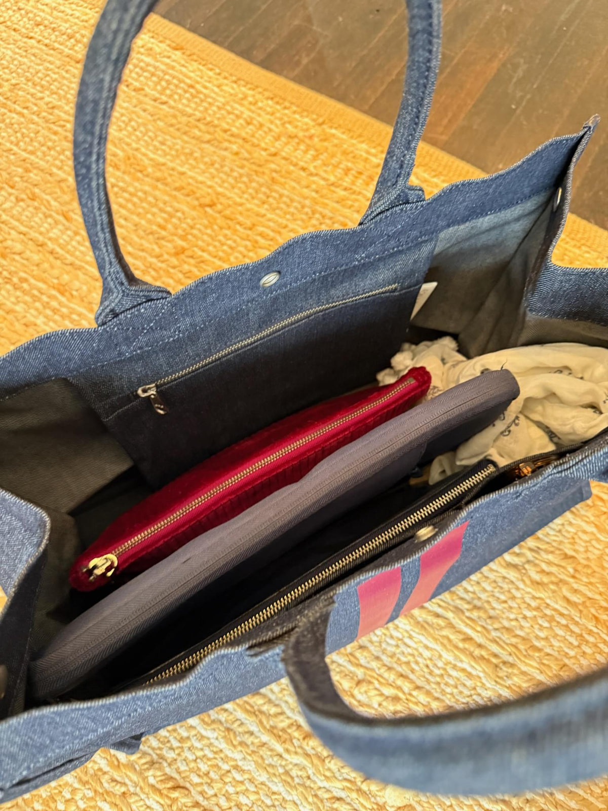 East West Bag: Denim with Wine Monogram Stripe - Quilted Koala