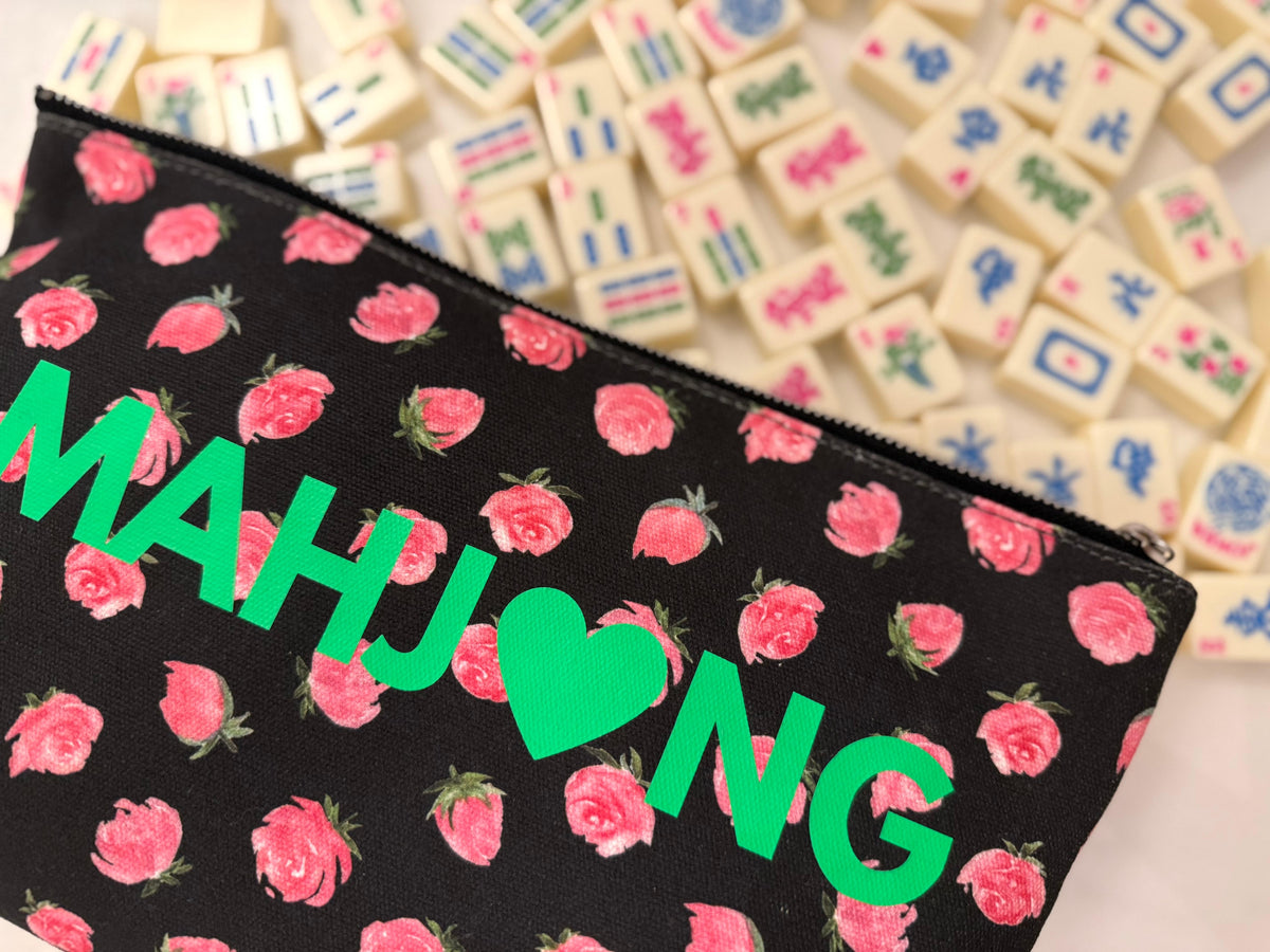 Mahjong Heart Pouch Clutch - Black Floral - Quilted Koala