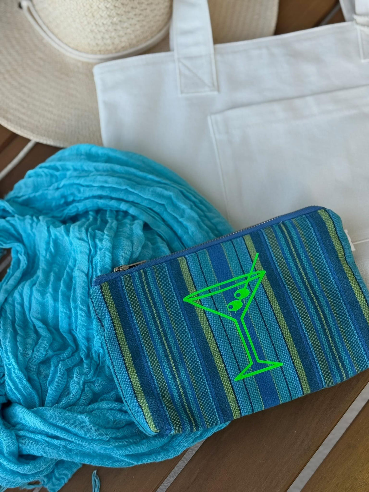 Martini Makeup Bag - Neon Green on Blue Happy Stripe - Quilted Koala