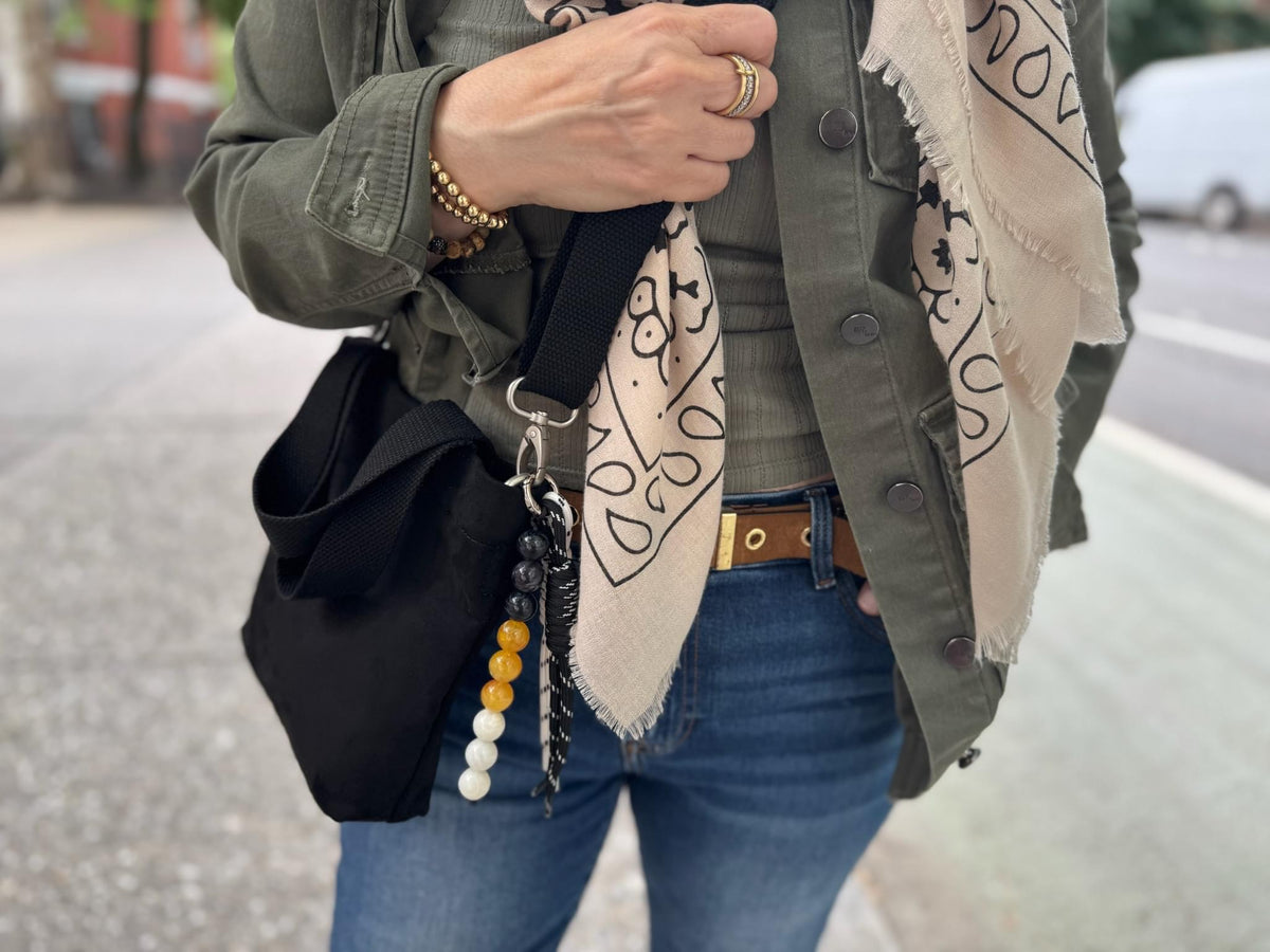 Midi Town Crossbody Bag: Black Vegan Suede + Beaded Paracord Charm - Quilted Koala