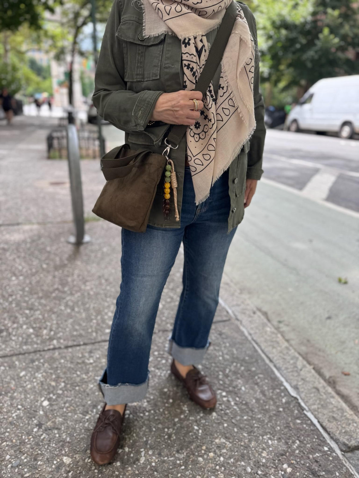 Midi Town Crossbody Bag: Olive Vegan Suede + Beaded Paracord Charm - Quilted Koala