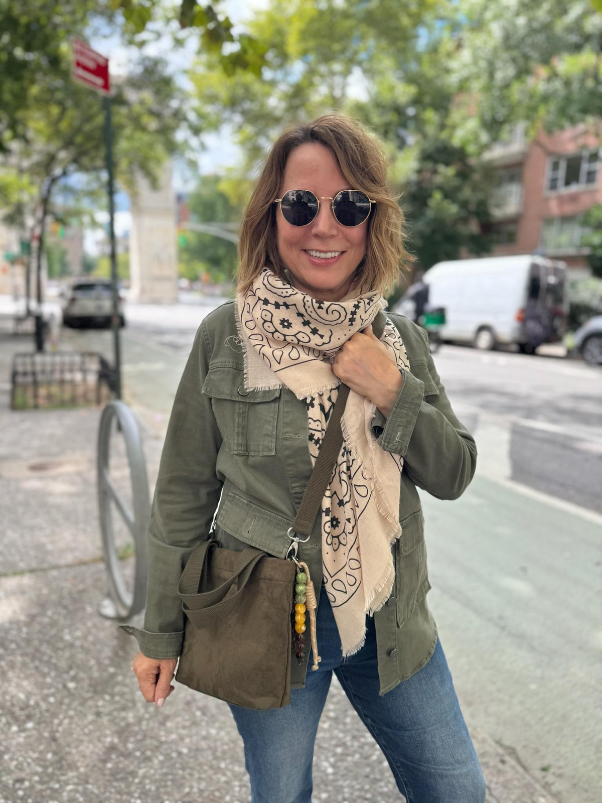Midi Town Crossbody Bag: Olive Vegan Suede + Beaded Paracord Charm - Quilted Koala