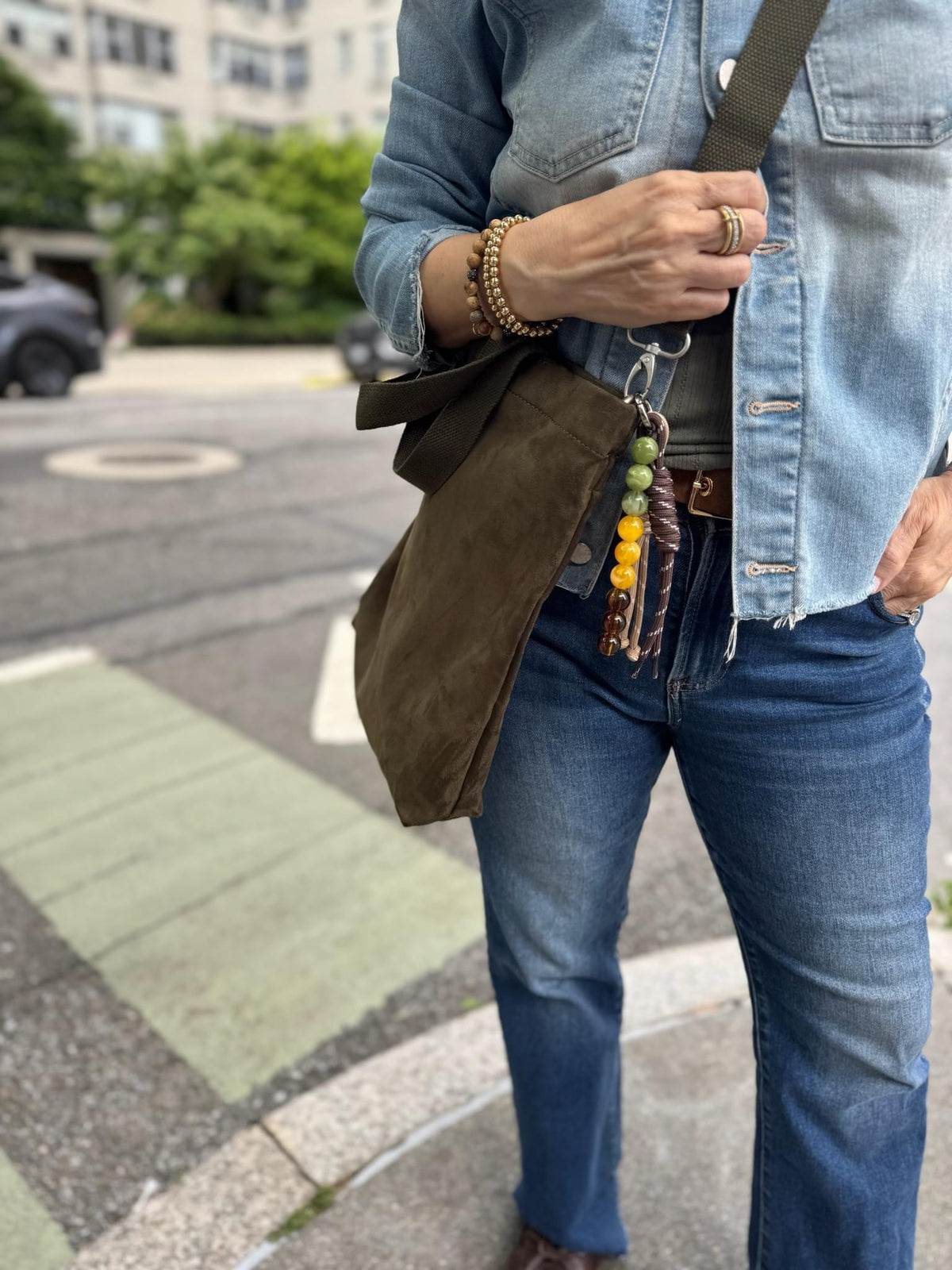 Town Crossbody Bag: Olive Vegan Suede + Beaded Paracord Charm - Quilted Koala
