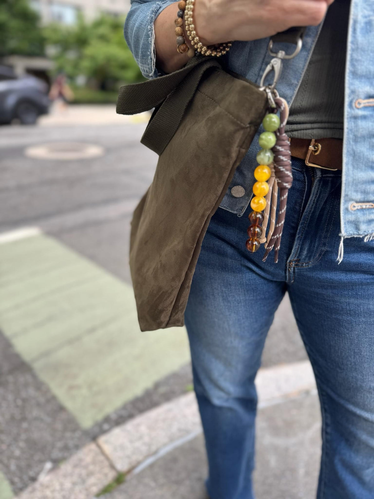 Town Crossbody Bag: Olive Vegan Suede + Beaded Paracord Charm - Quilted Koala
