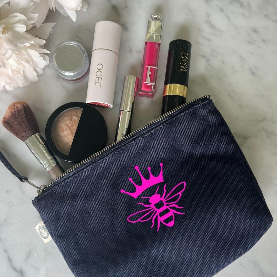 QUEEN BEE Makeup Bag- Navy with Pink - Quilted Koala