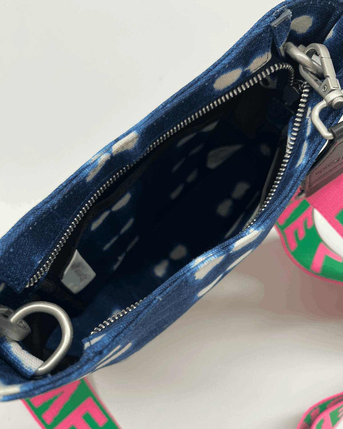 Blue Shibori Mini City Bag with Pink/Green LOVE Stripe Strap - Quilted Koala