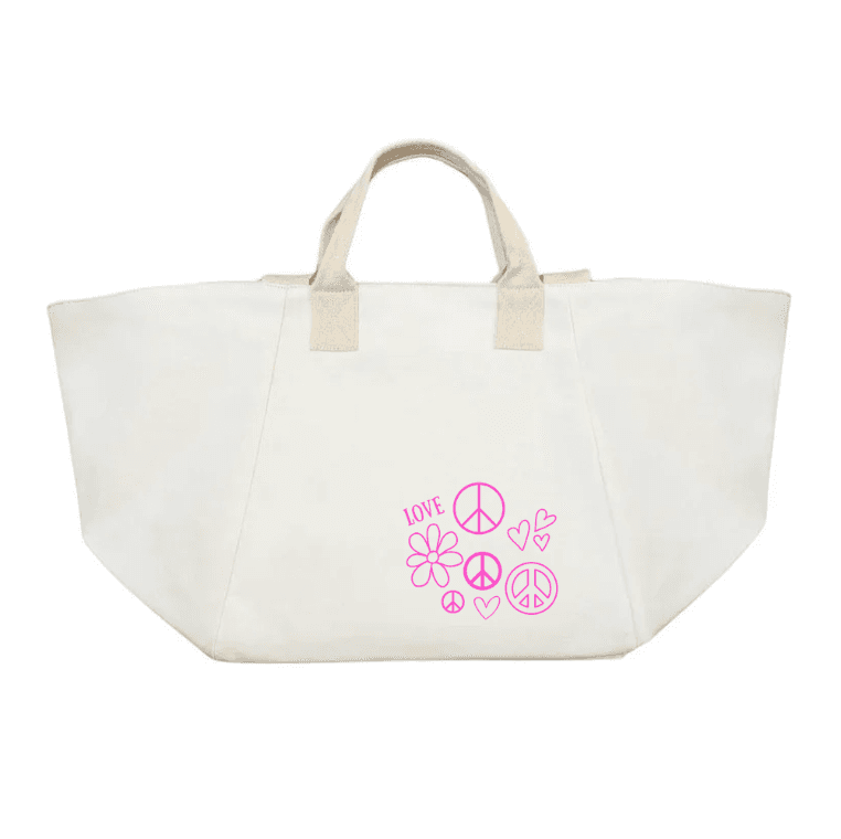 Natural Chelsea Bag with LOVE, HEARTS + PEACE (Pink) NEW! - Quilted Koala
