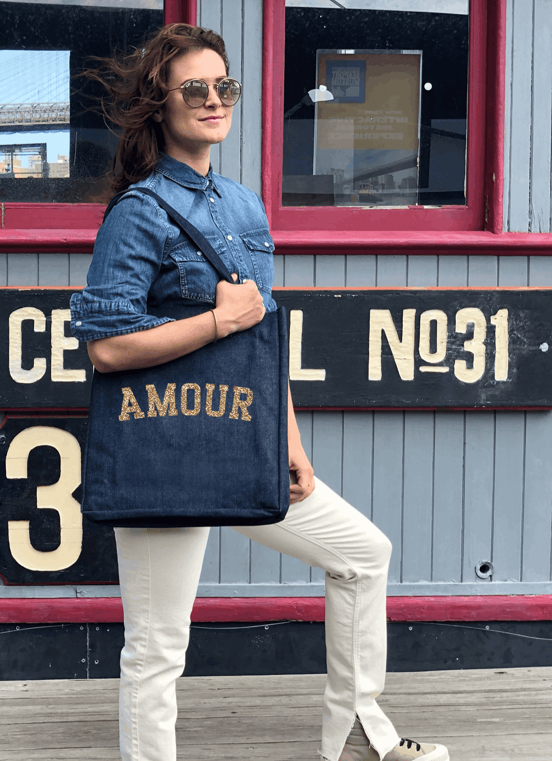 Denim Upright Bag with Gold Glitter AMOUR - Quilted Koala