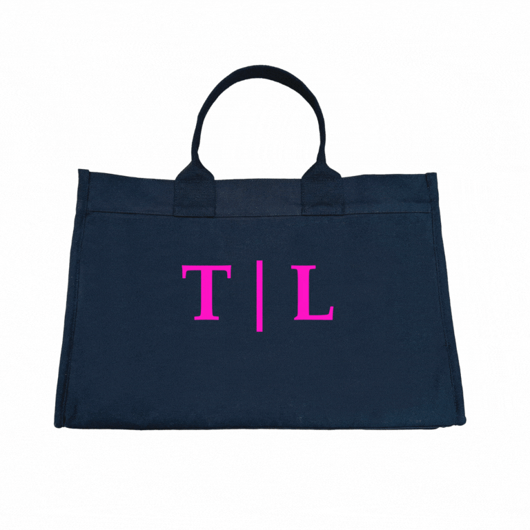 Anywhere Bag - Zip-Top Tote with Trolley Sleeve in Navy SPLIT LETTER MONOGRAM - Quilted Koala