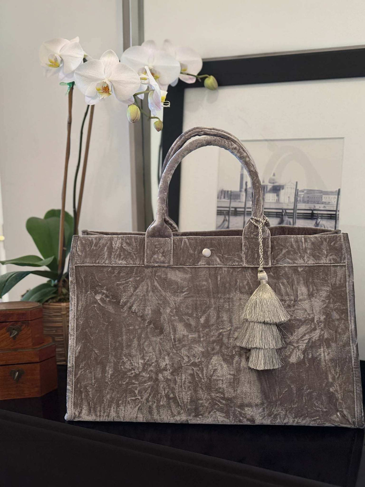 Grey Velvet East West Bag + FREE Silver Tassel - Quilted Koala