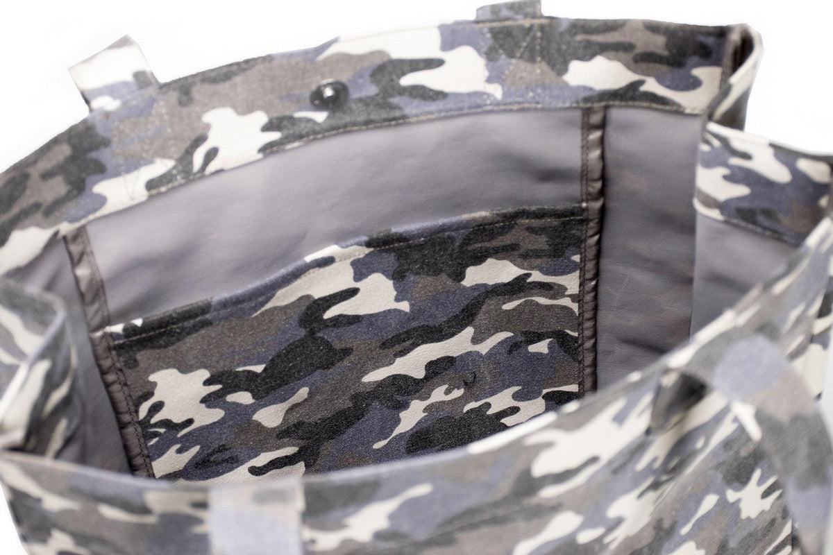Upright Bag: Grey Camouflage with Light Blue Pom Poms - Quilted Koala