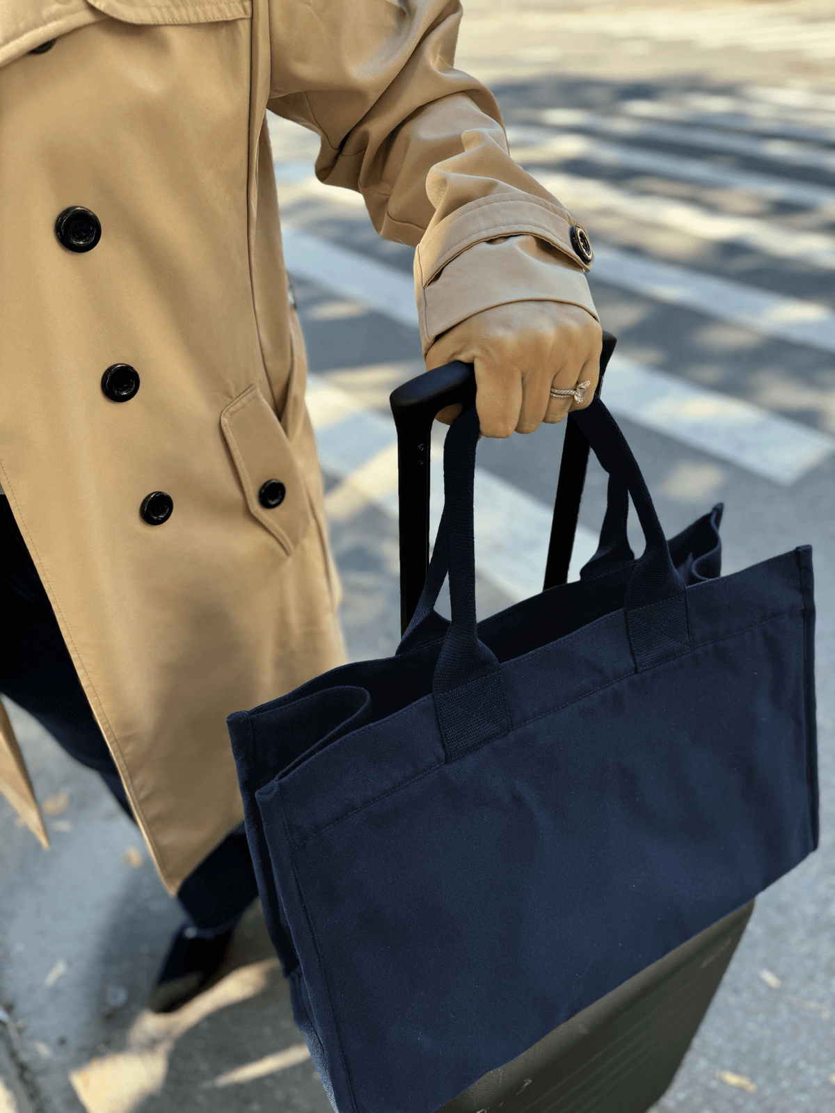 Anywhere Bag - Zip-Top Tote with Trolley Sleeve in Navy SPLIT LETTER MONOGRAM - Quilted Koala