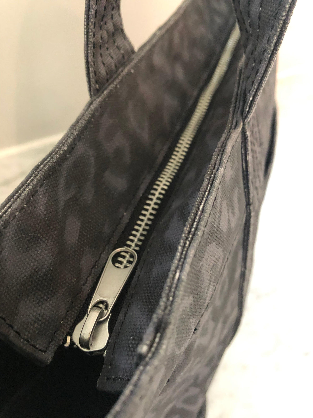 Midi Zipper Tote: Black Leopard Coated Canvas with Black Pom Poms - Quilted Koala