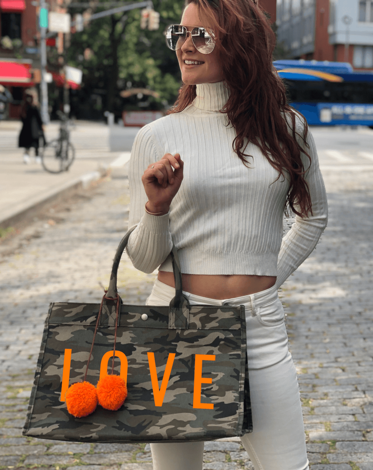 East-West Bag - Green Camo with Neon Orange LOVE + free Orange Pom poms - Quilted Koala