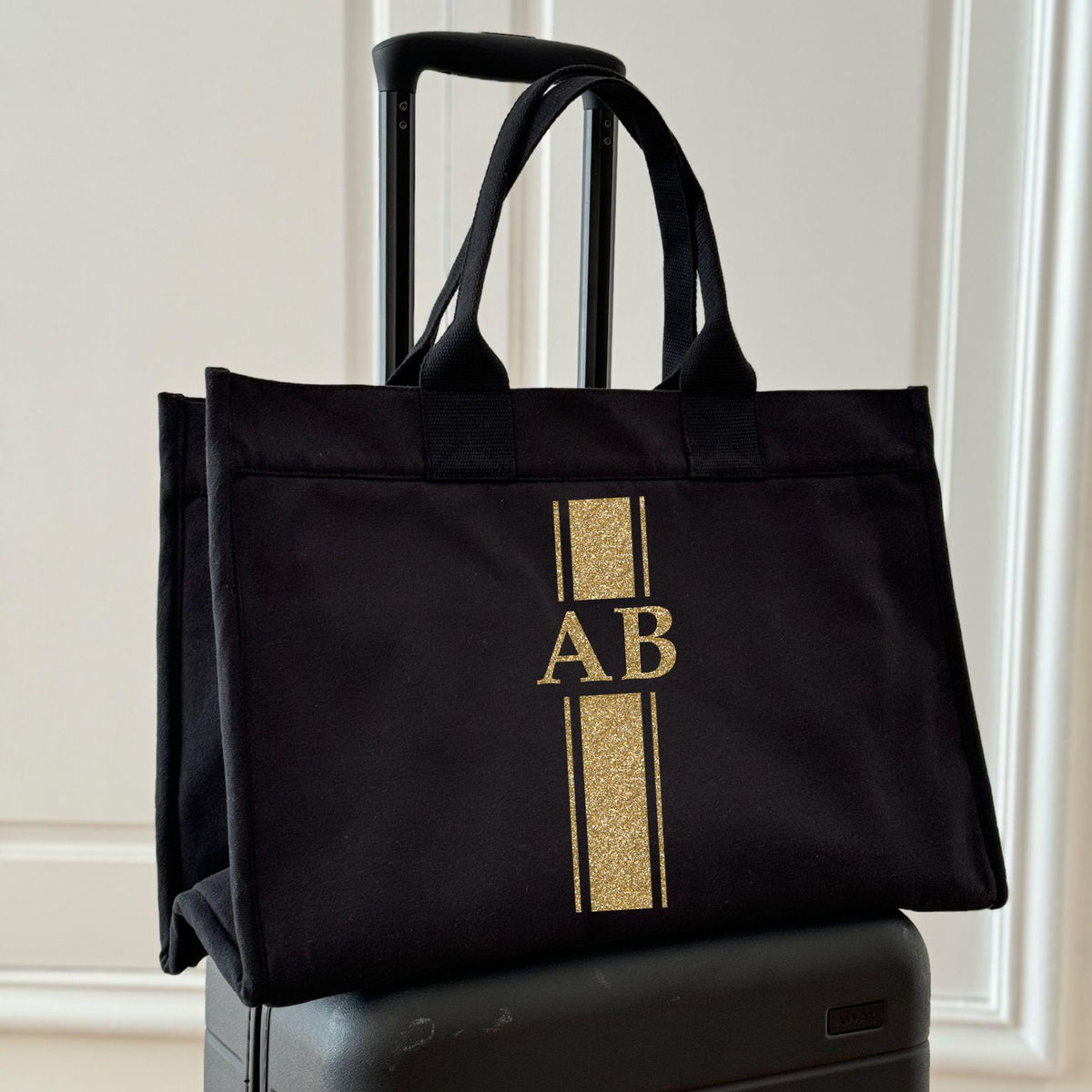 Anywhere Bag - Zip-Top Travel Tote with Trolley Sleeve (Black) with MONOGRAM STRIPE - Quilted Koala