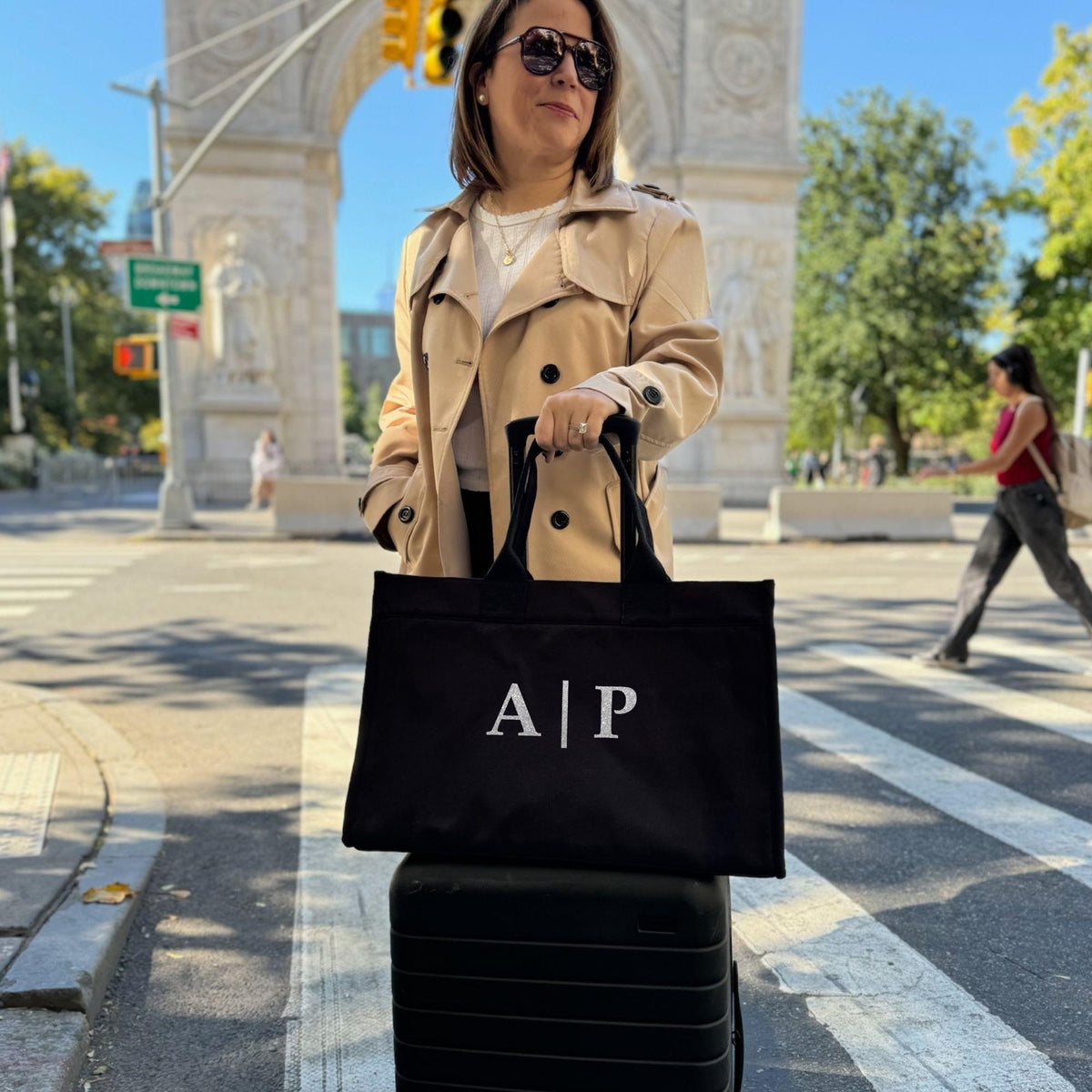Anywhere Bag - Zip-Top Travel Tote with Trolley Sleeve (Black) SPLIT LETTER MONOGRAM - Quilted Koala
