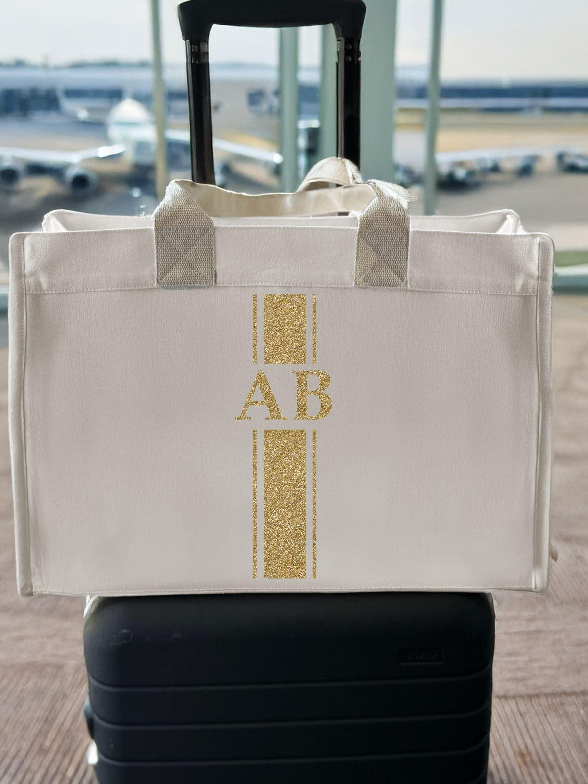 Anywhere Bag – Zip‑Top Travel Tote with Trolley Sleeve (Custom Design) - Monogram Stripe - Natural - Quilted Koala