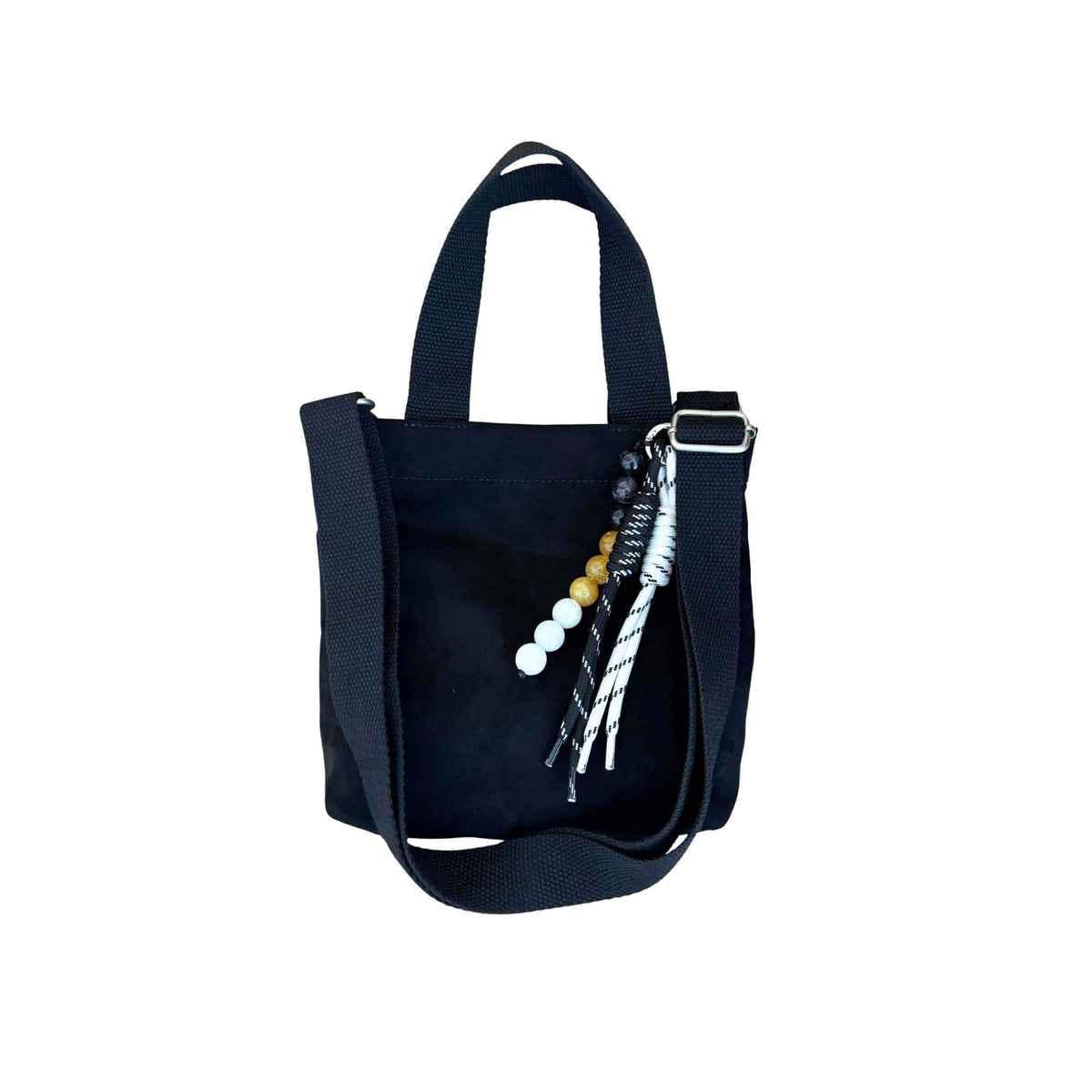 Midi Town Crossbody Bag: Black Vegan Suede + Beaded Paracord Charm - Quilted Koala