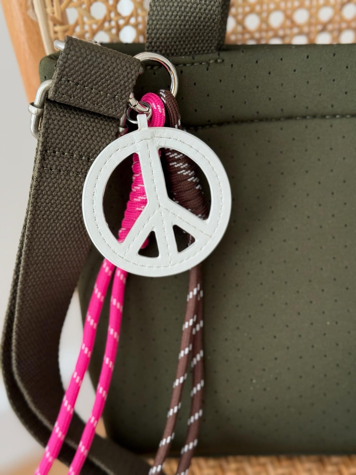 Olive Neoprene Midi Town Bag with Peace Sign Paracord Charm - Quilted Koala