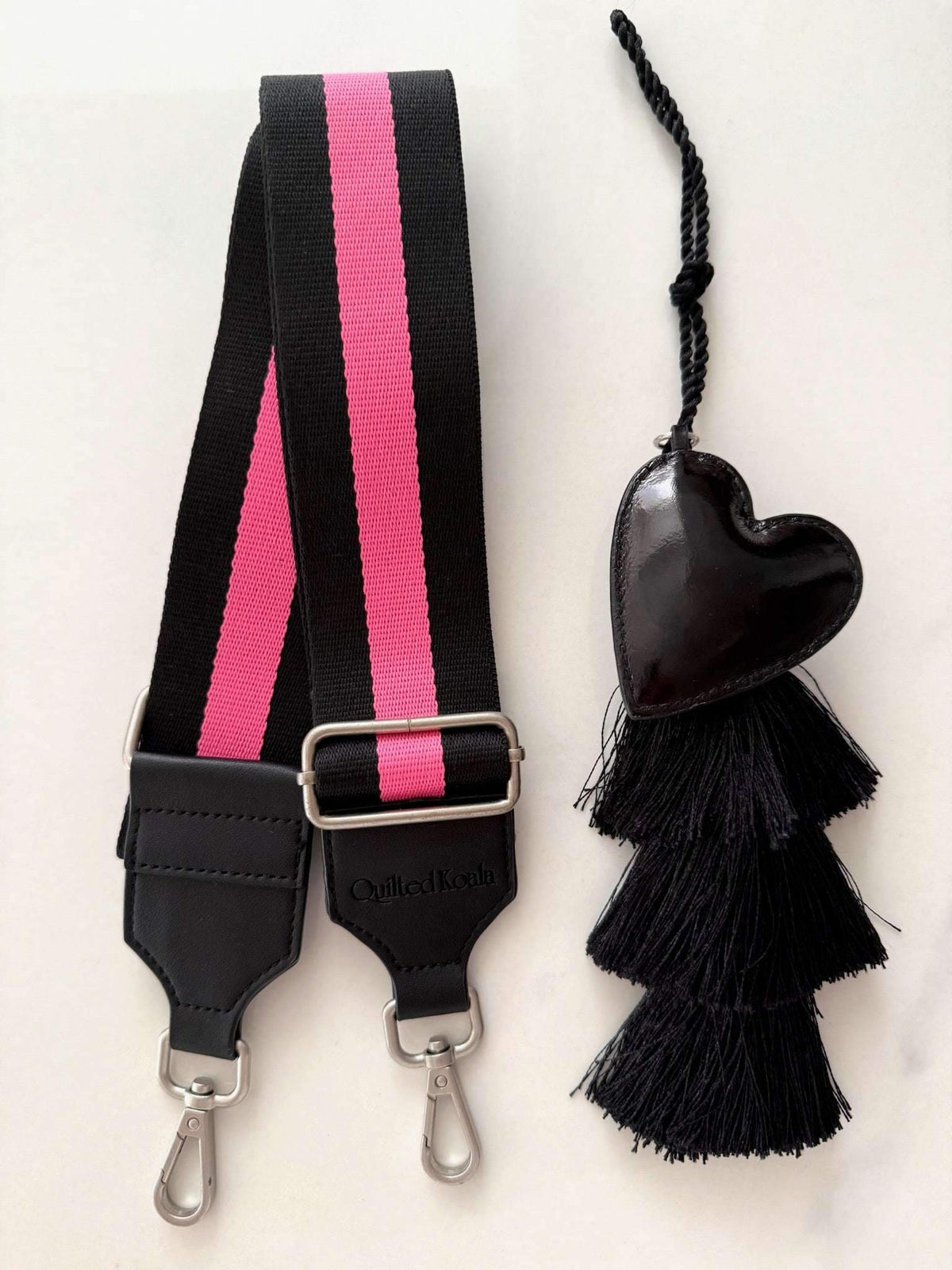 Stephanie's Pick: Black Camo Luxe North South Bag + FREE Black Tassel + FREE Black Heart Charm + FREE Black/Pink Stripe Strap - Quilted Koala