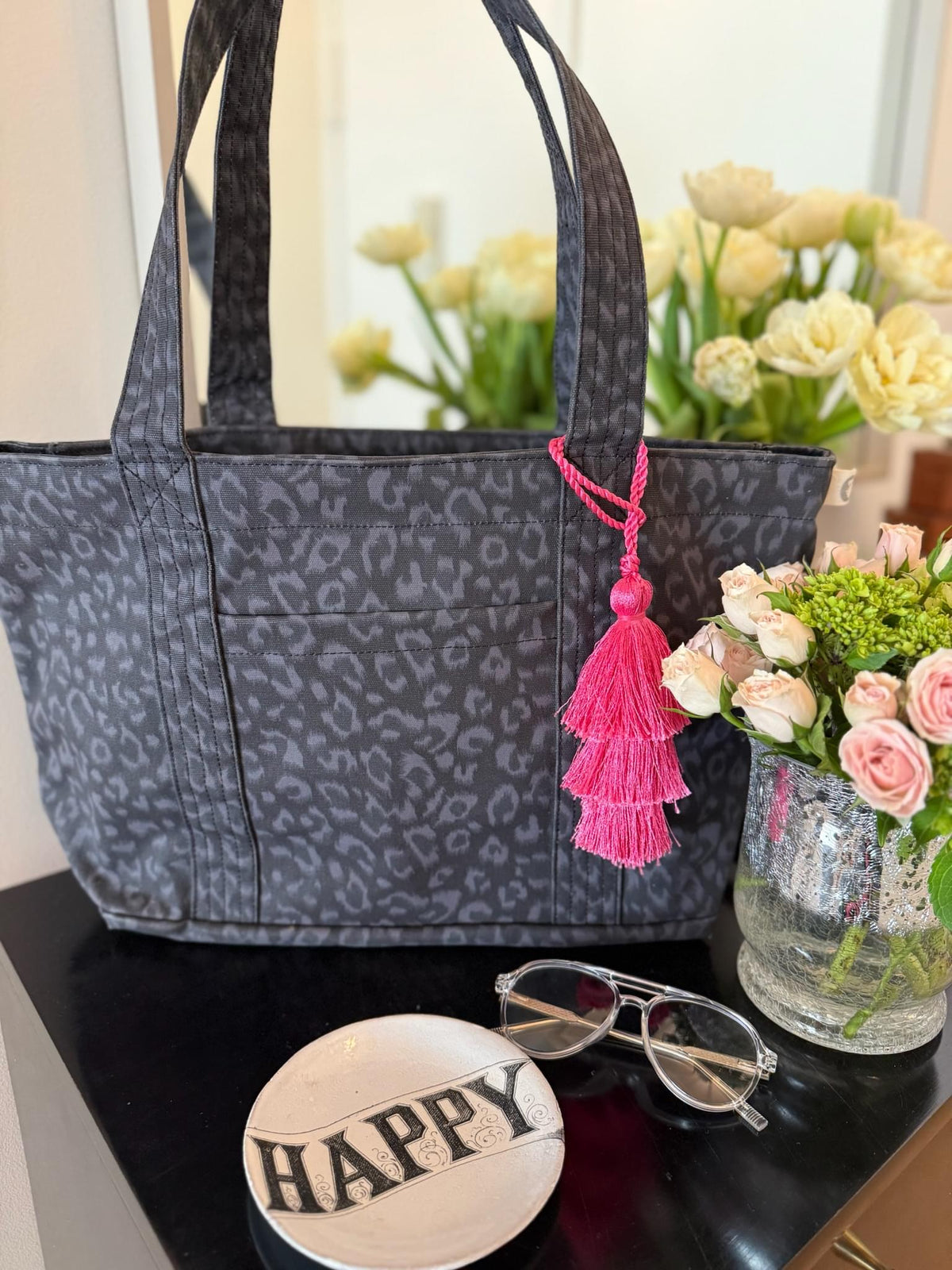 Black Leopard Midi Zipper Tote + FREE Pink Tassel - Quilted Koala
