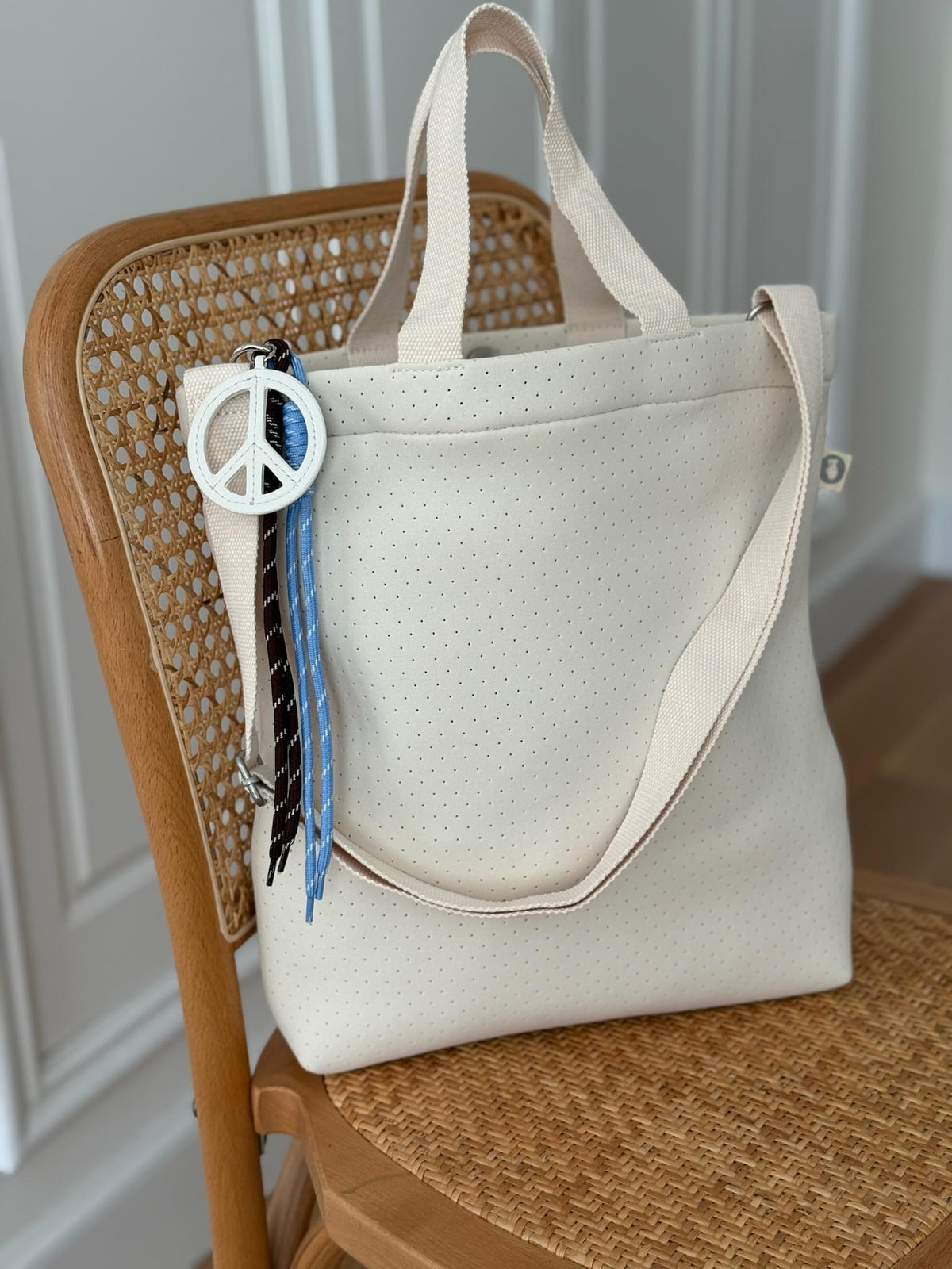 Ivory Neoprene Town Bag with Peace Sign Paracord Charm - Quilted Koala