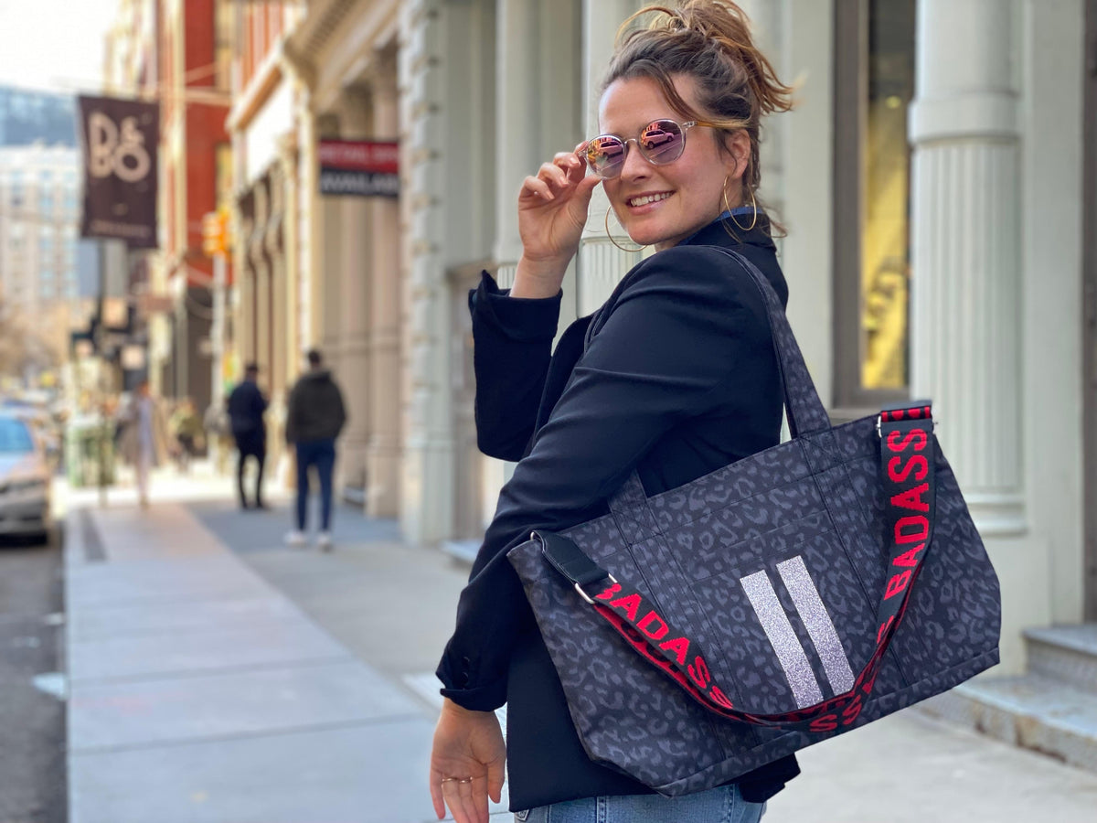 Midi Zipper Tote: Black Leopard Coated Canvas - Quilted Koala