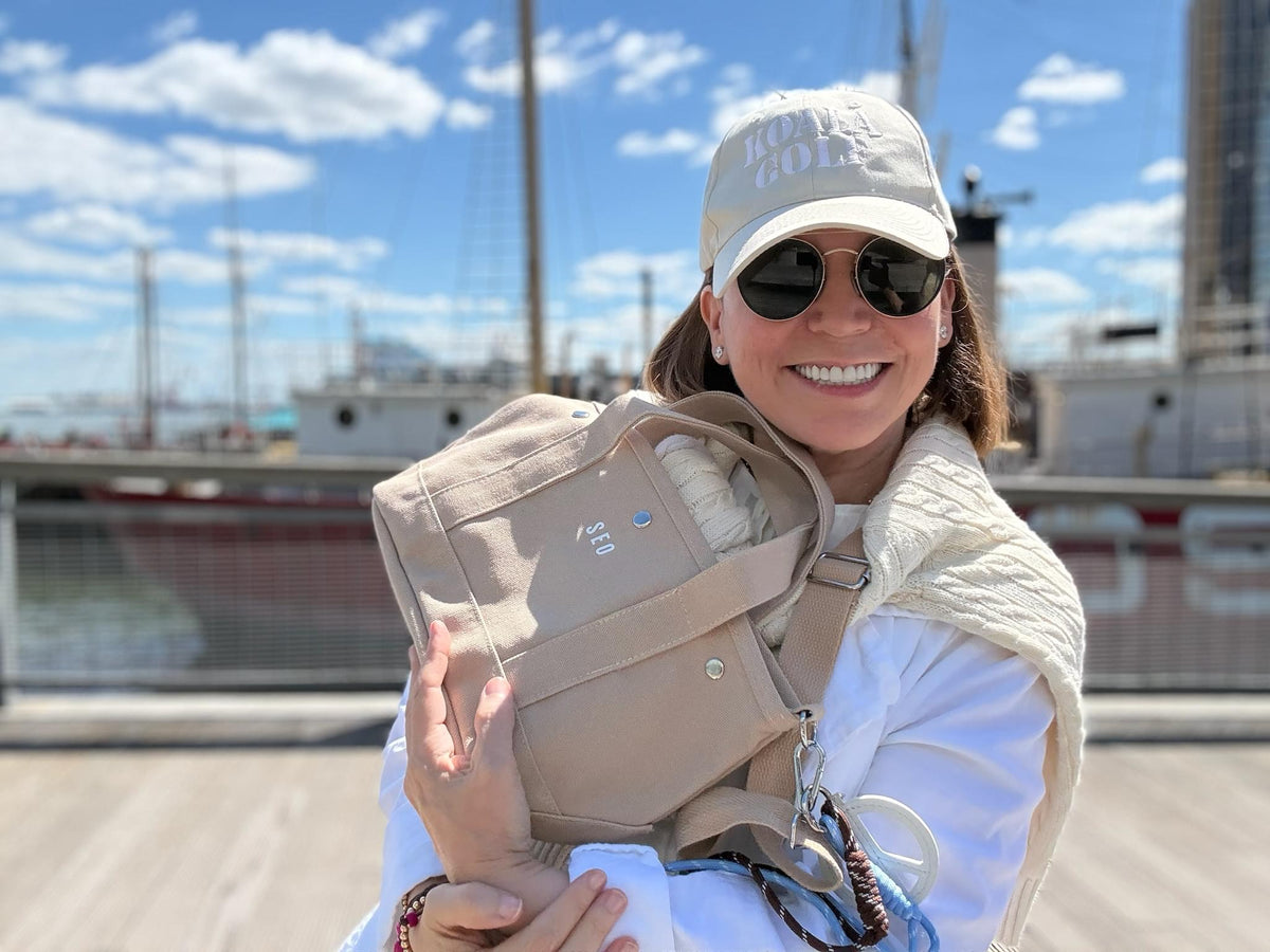The Seaport Boat Bag - Stone Canvas Single Letter Monogram - Quilted Koala