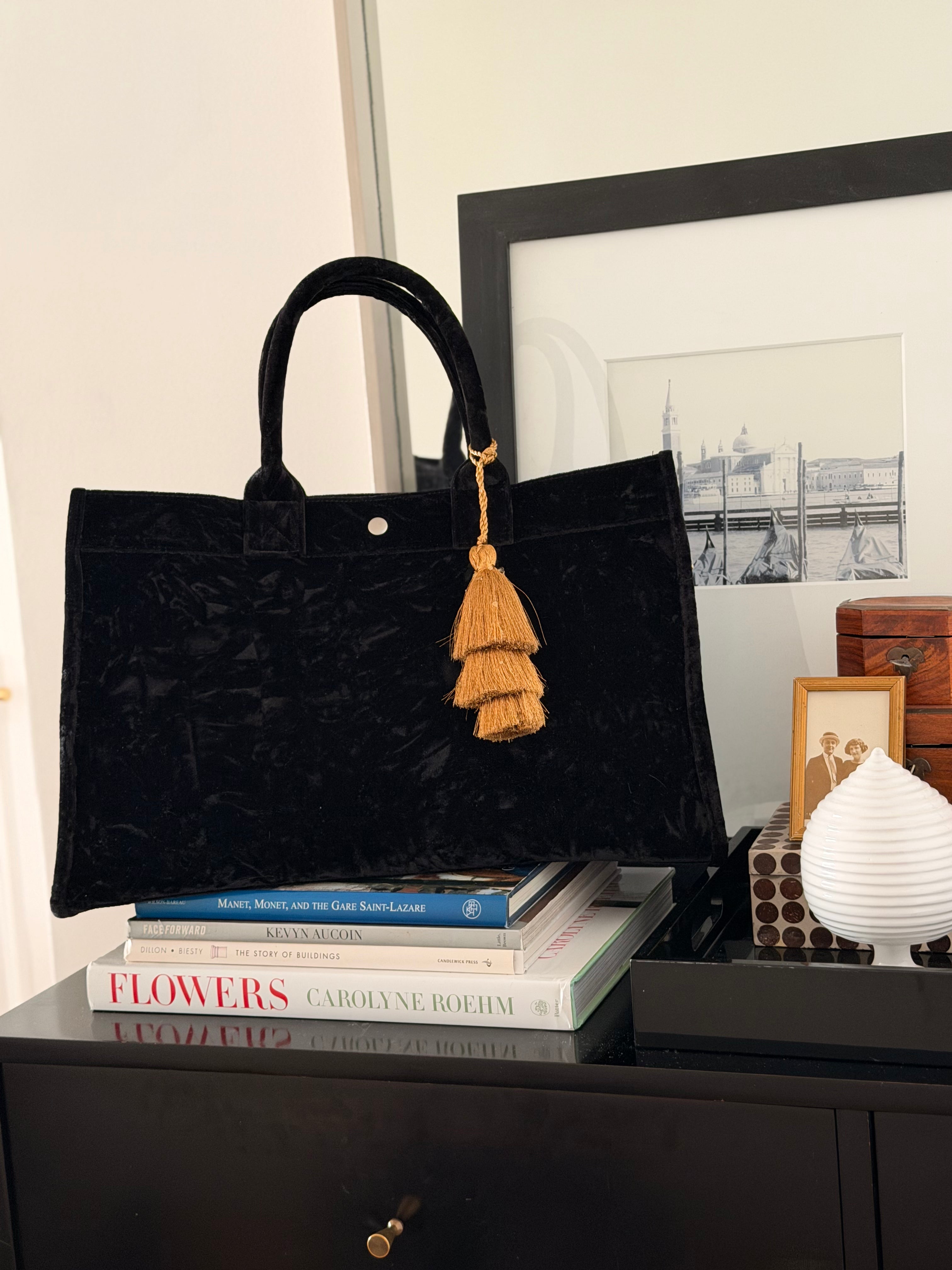 Black Velvet East West Bag + FREE Gold Tassel - Quilted Koala