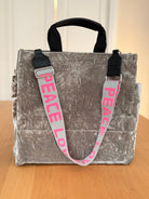 Grey Velvet Luxe North South Bag + FREE Grey & Pink PEACE LOVE Luxe Strap - Quilted Koala