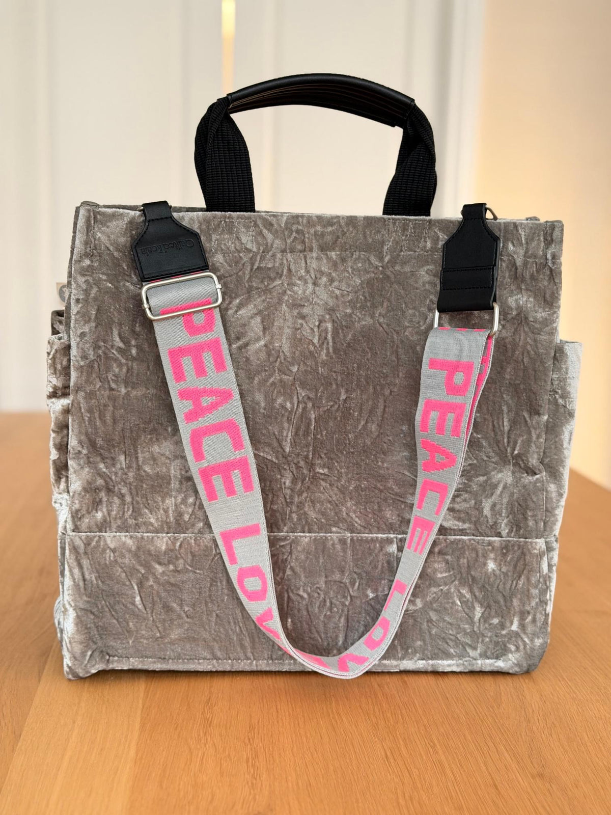 Grey Velvet Luxe North South Bag + FREE Grey & Pink PEACE LOVE Luxe Strap - Quilted Koala