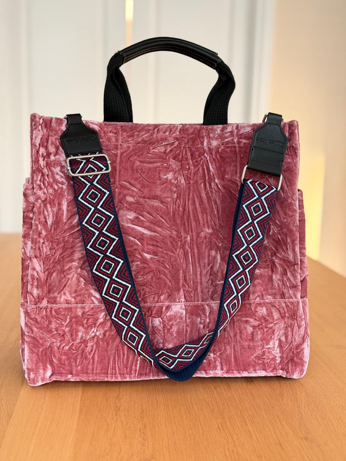 Pink Velvet Luxe North South Bag + FREE Wine & Navy Geo Luxe Strap - Quilted Koala