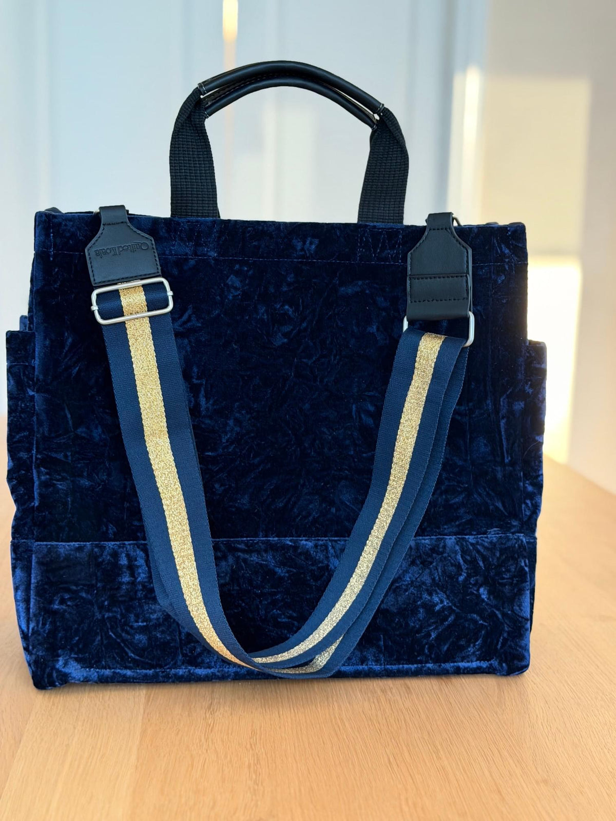 Midnight Blue Velvet Luxe North South Bag + FREE Navy & Gold Luxe Strap - Quilted Koala