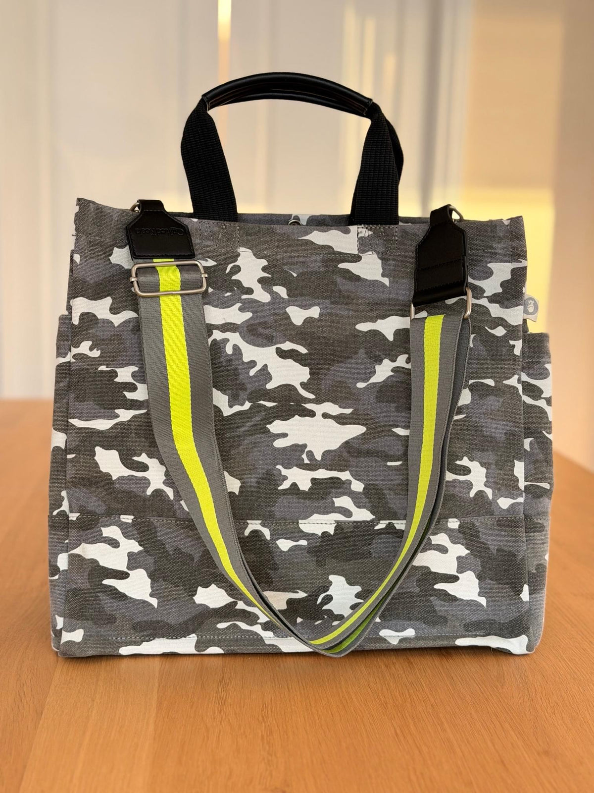 Grey Camo Luxe North South Bag + FREE Neon Yellow & Grey Luxe Strap - Quilted Koala