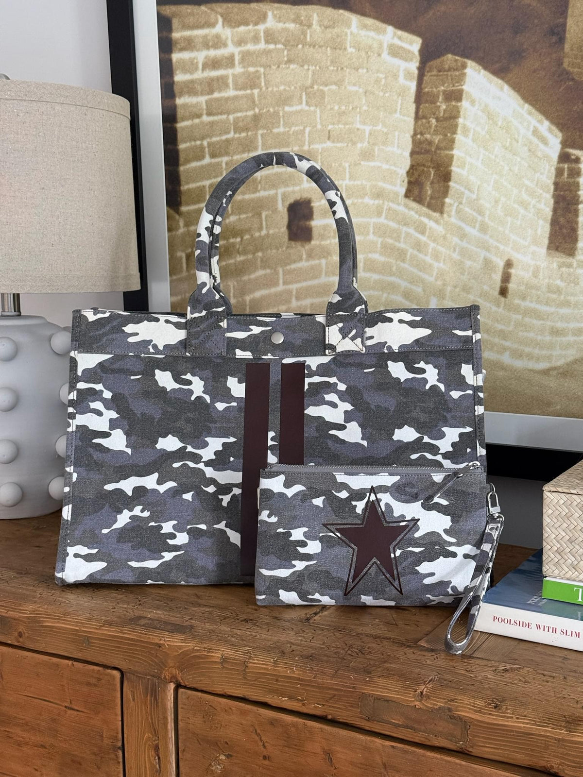 East West Bag: Grey Camo with Chocolate Brown Double Stripe - Quilted Koala
