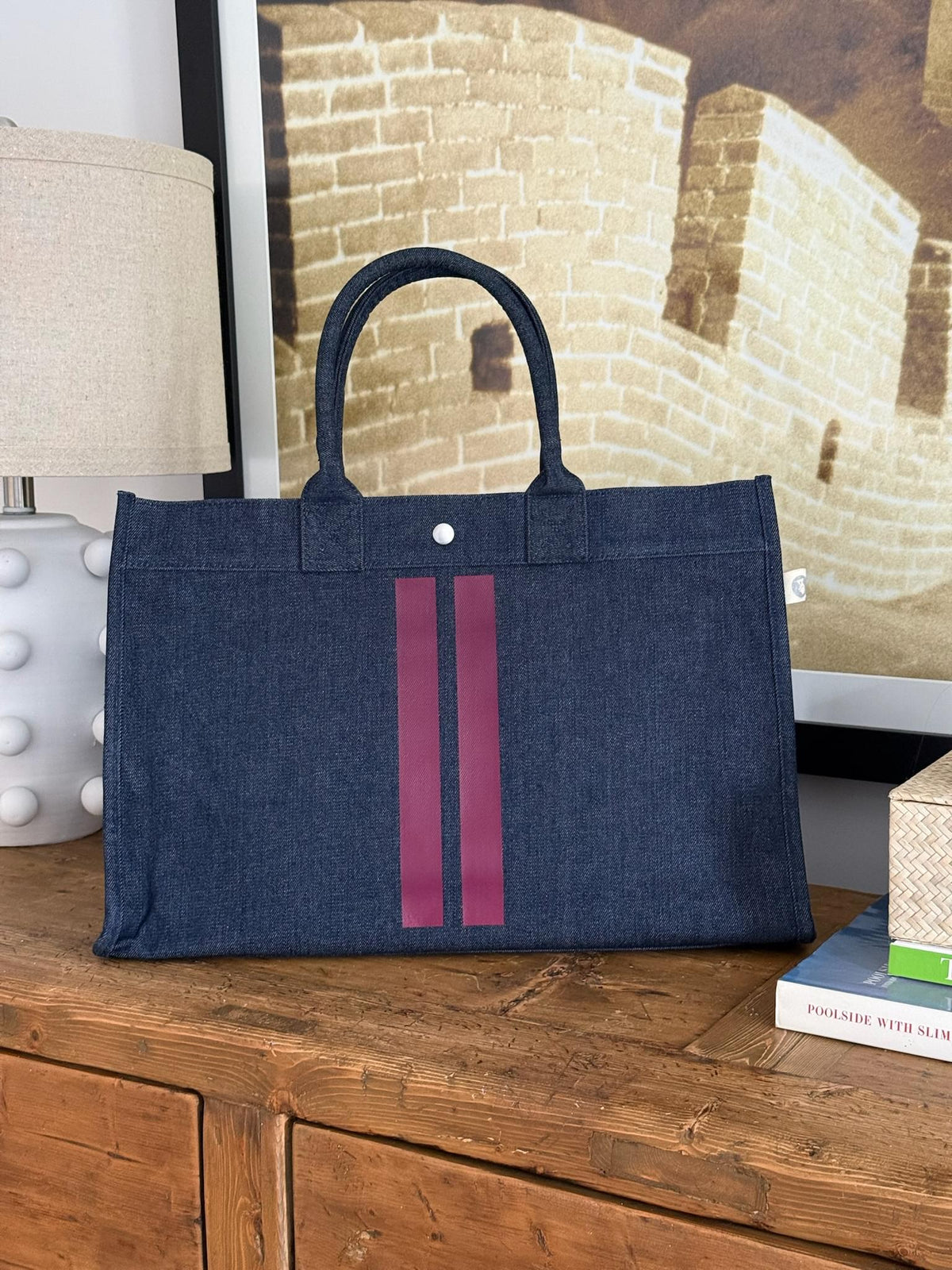 East West Bag: Denim with Wine Double Stripe - Quilted Koala