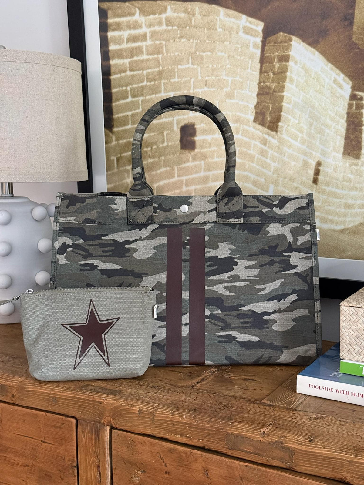 East West Bag: Green Camo & Dark Chocolate Double Stripe - Quilted Koala
