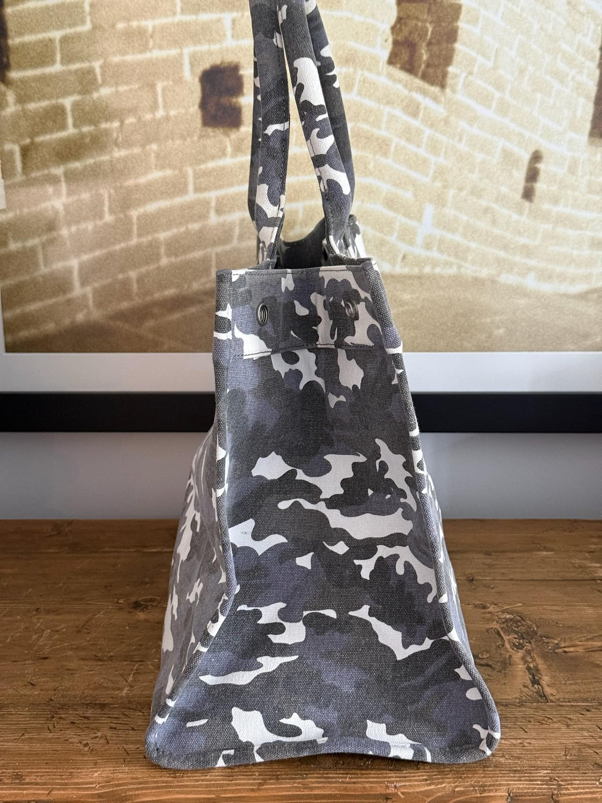 East West Bag: Grey Camo with Chocolate Brown Double Stripe - Quilted Koala