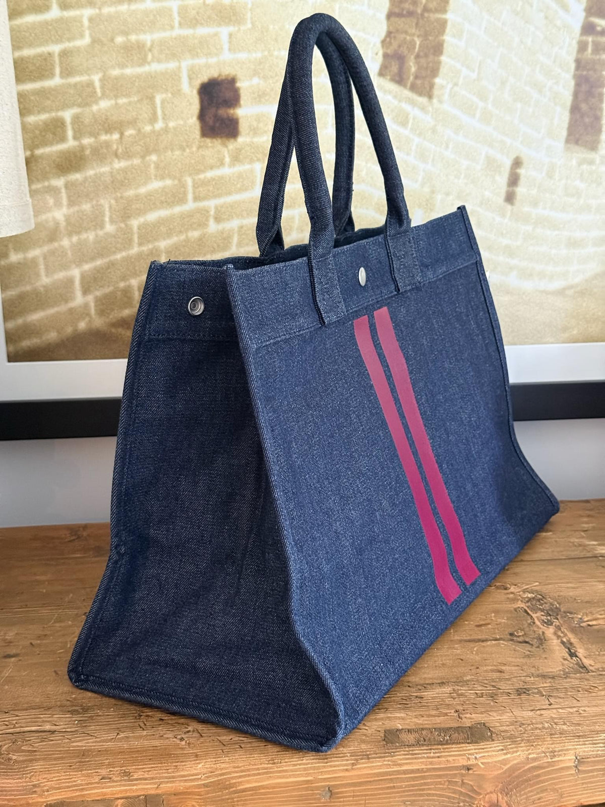 East West Bag: Denim with Wine Double Stripe - Quilted Koala